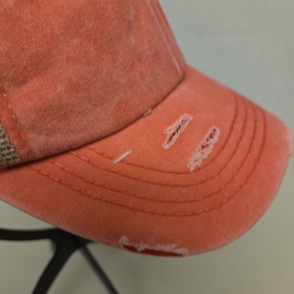 C.C Distressed Womens Criss Cross High Bun Ponytail Adjust Pink Baseball Cap Hat - Picture 9 of 11